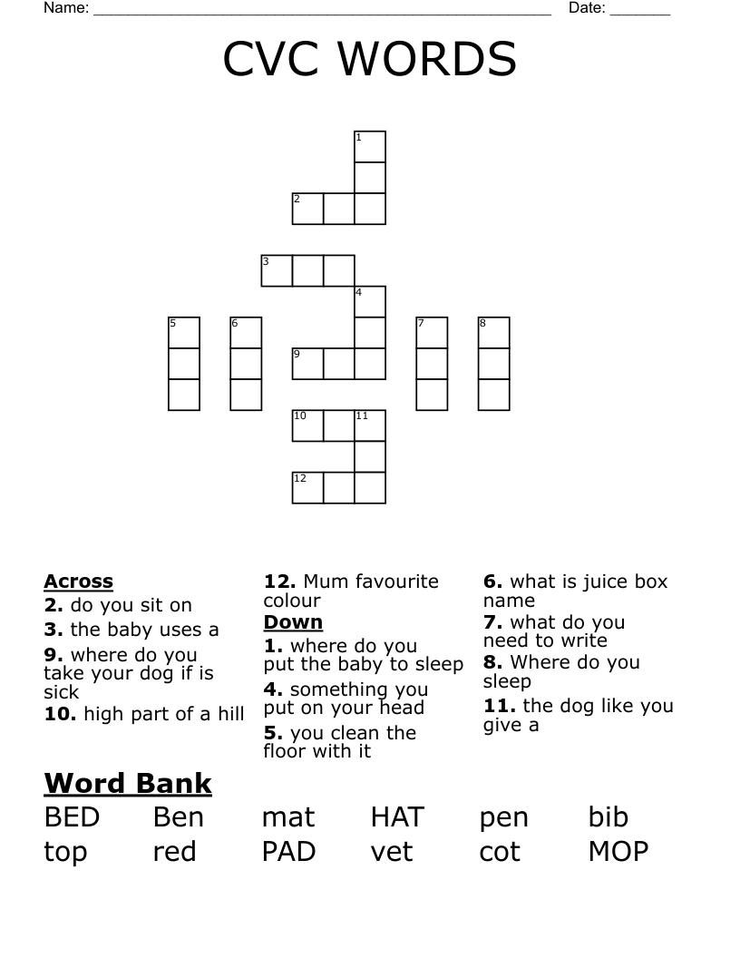 CVC WORDS Crossword