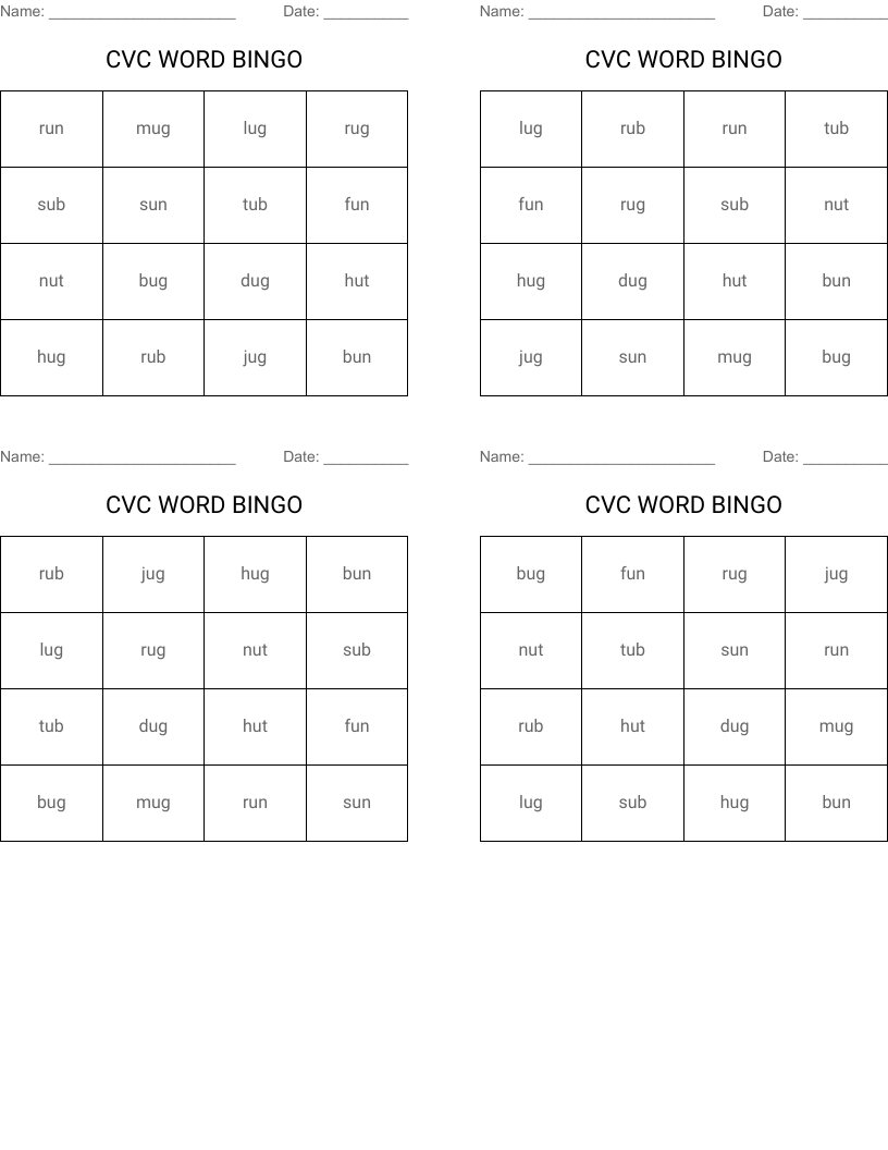 CVC WORD BINGO