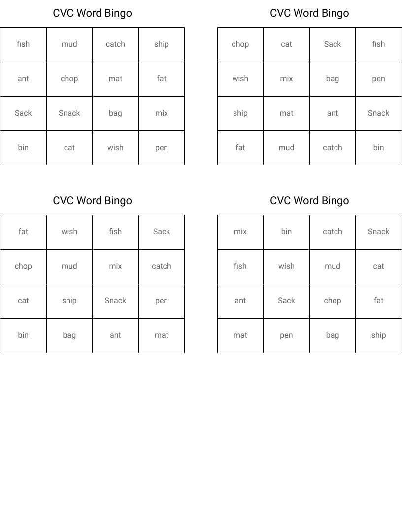 CVC Word Bingo