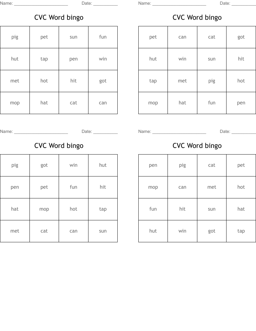 CVC Word bingo