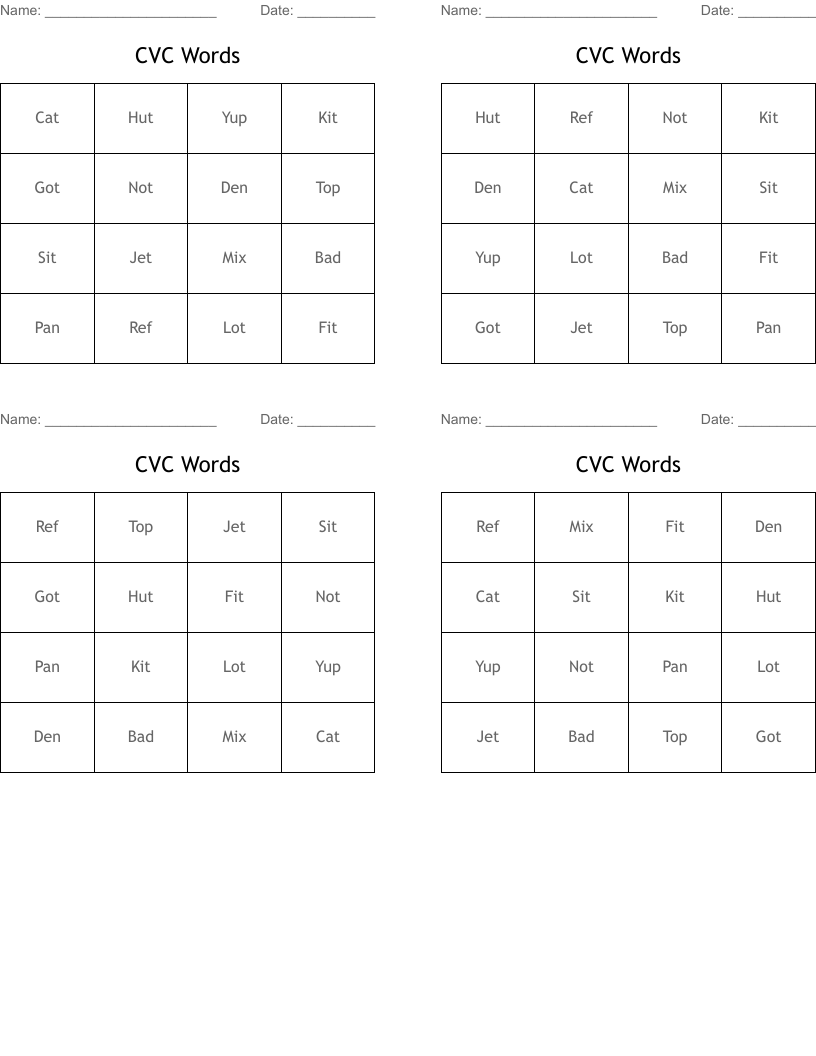 CVC Words Bingo Cards