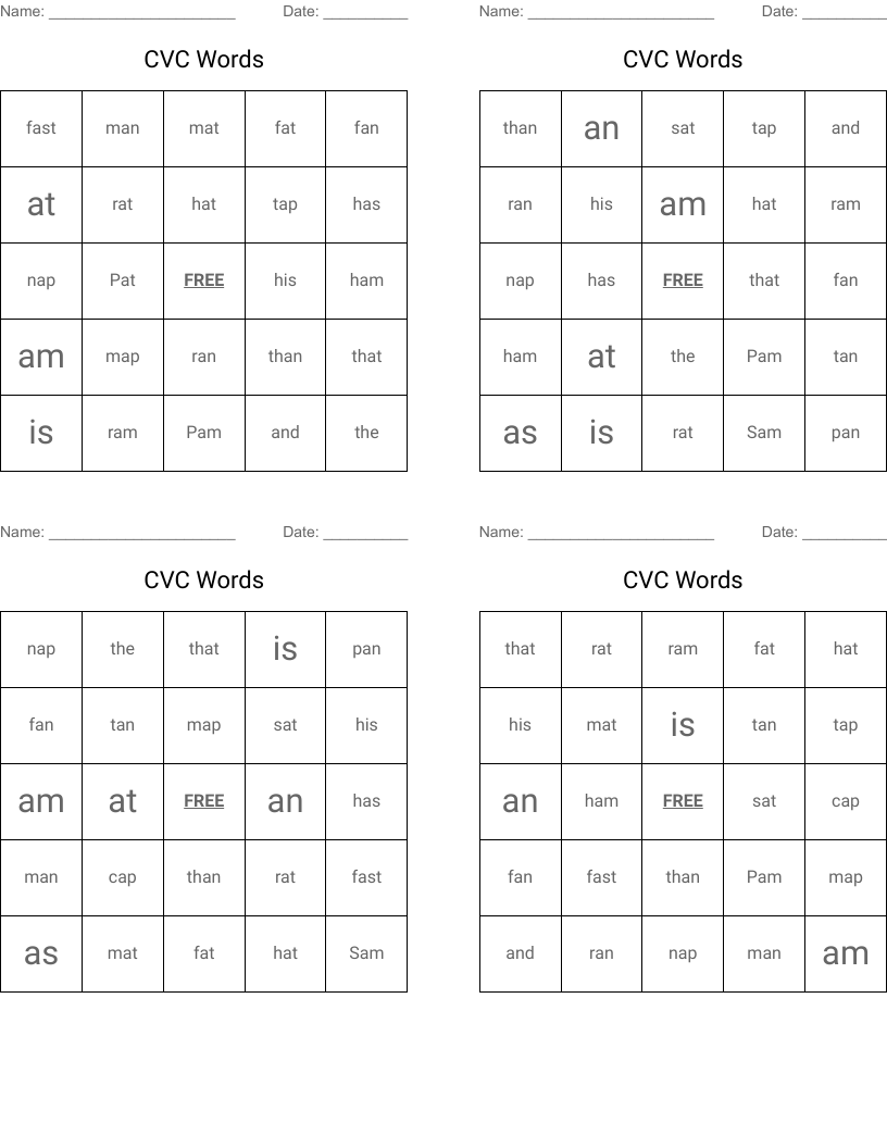 CVC Words Bingo Cards