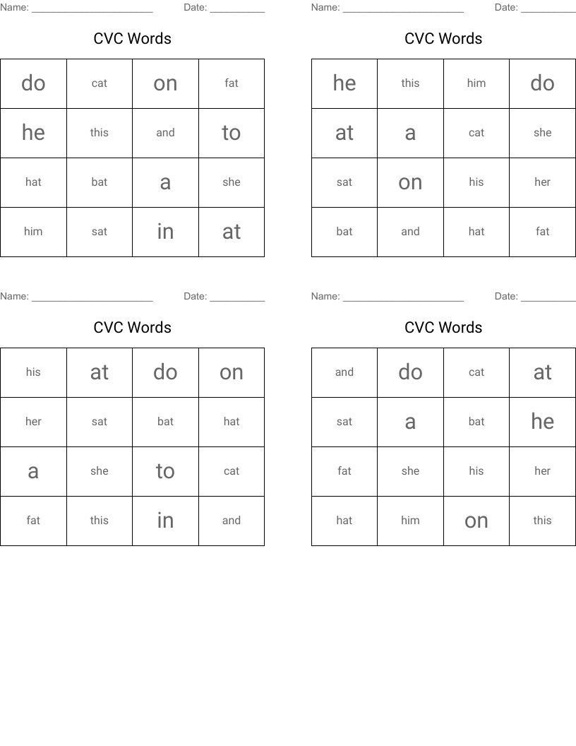 CVC Words Bingo Cards