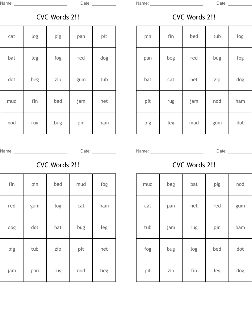 CVC Words 2!! Bingo Cards