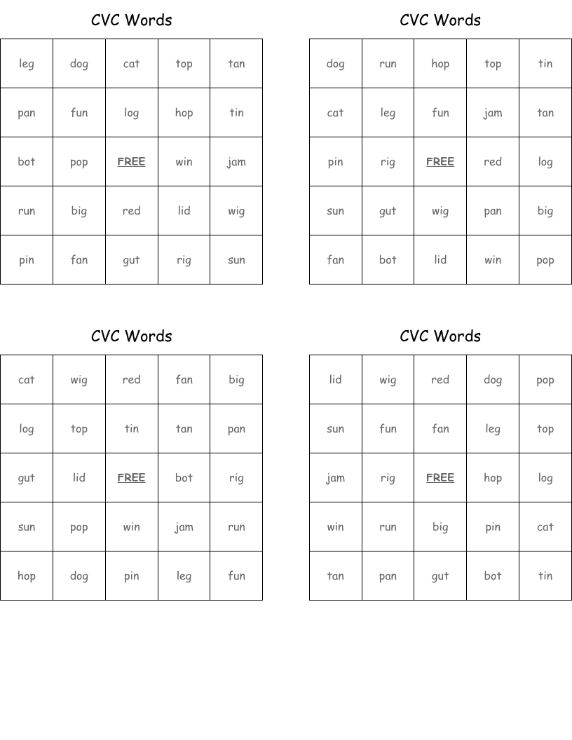 CVC Words Bingo Cards