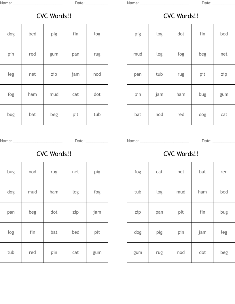 CVC Words!! Bingo Cards