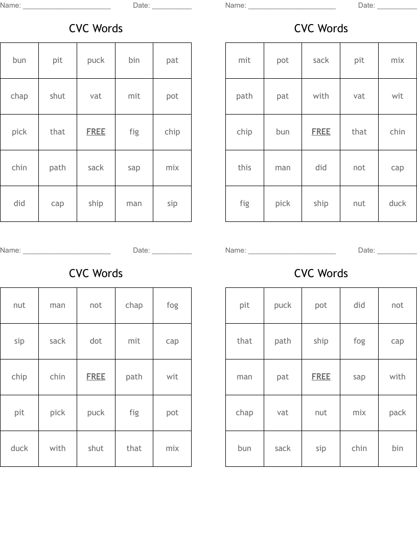 CVC Words Bingo Cards