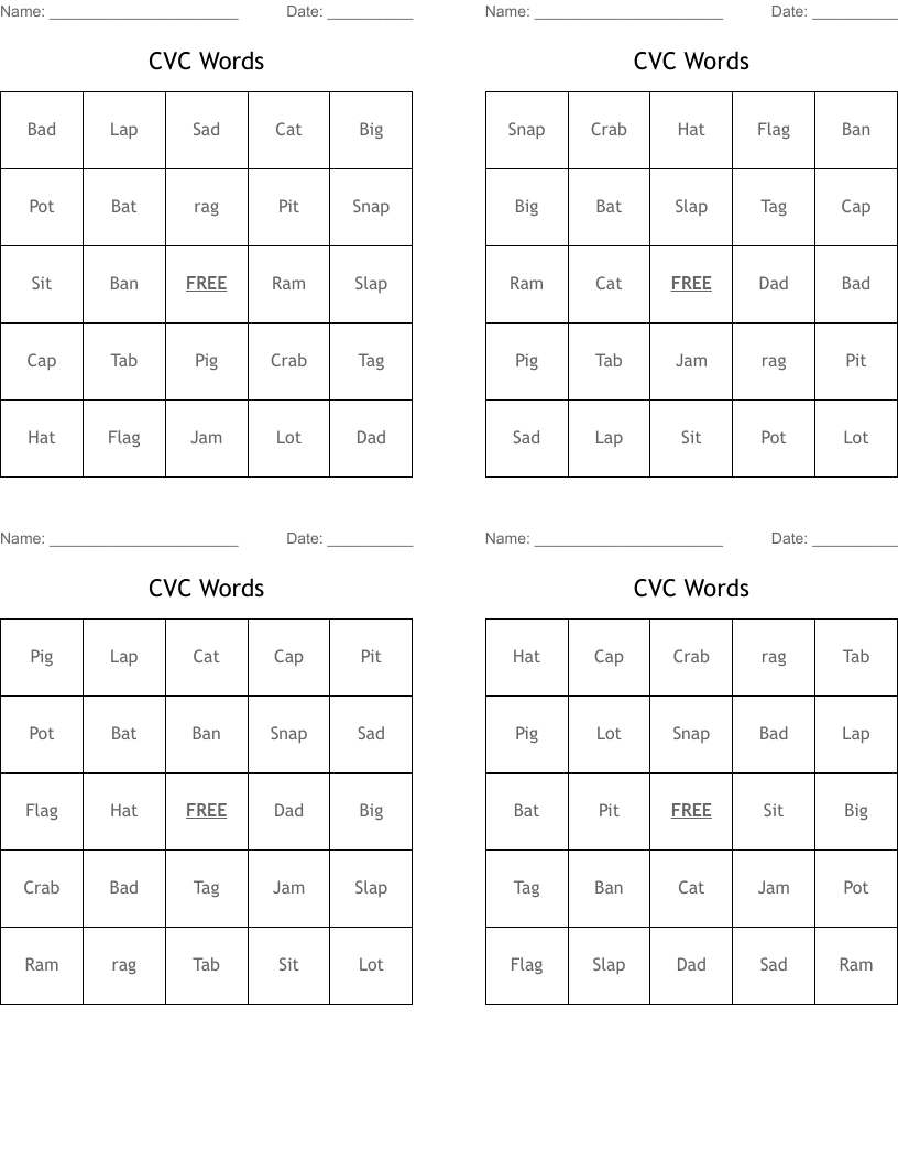 CVC Words  Bingo Cards