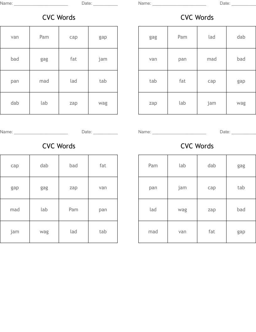 CVC Words  Bingo Cards