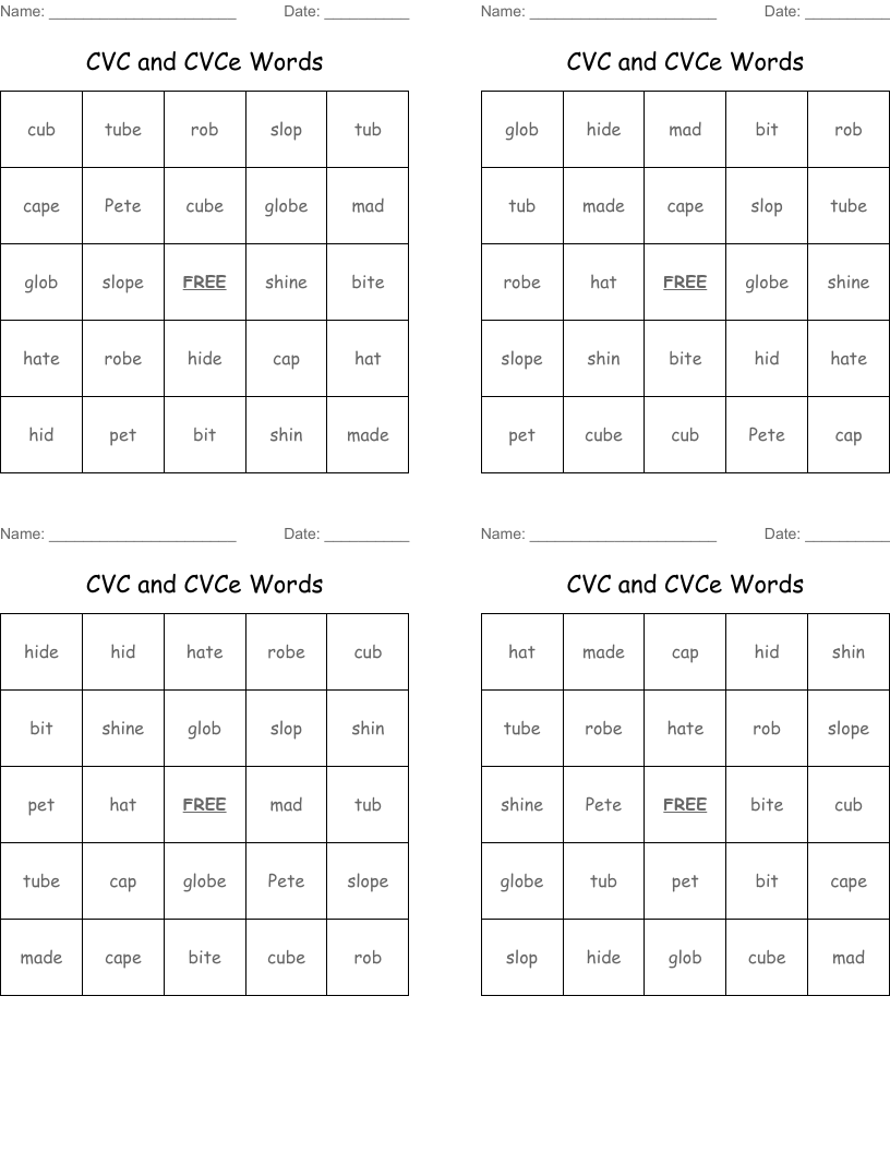 CVC and CVCe Words Bingo Cards