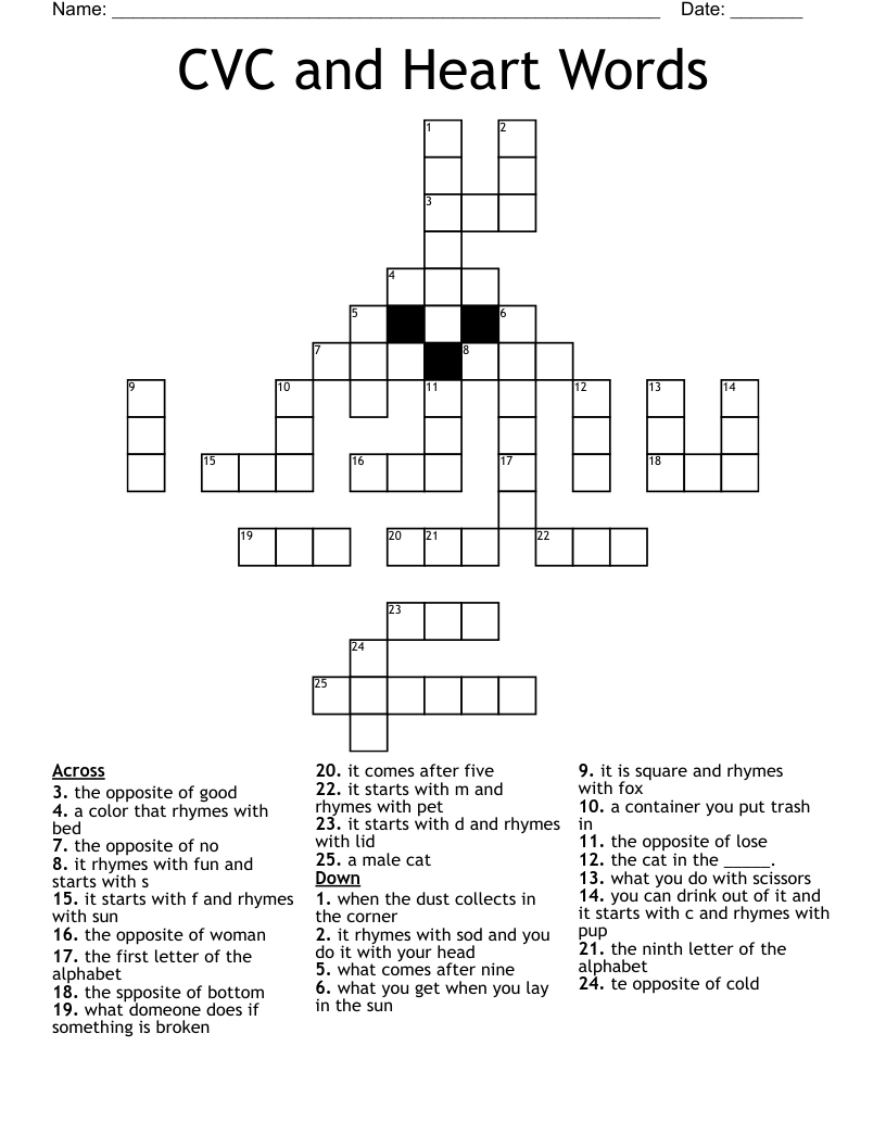 CVC and Heart Words Crossword