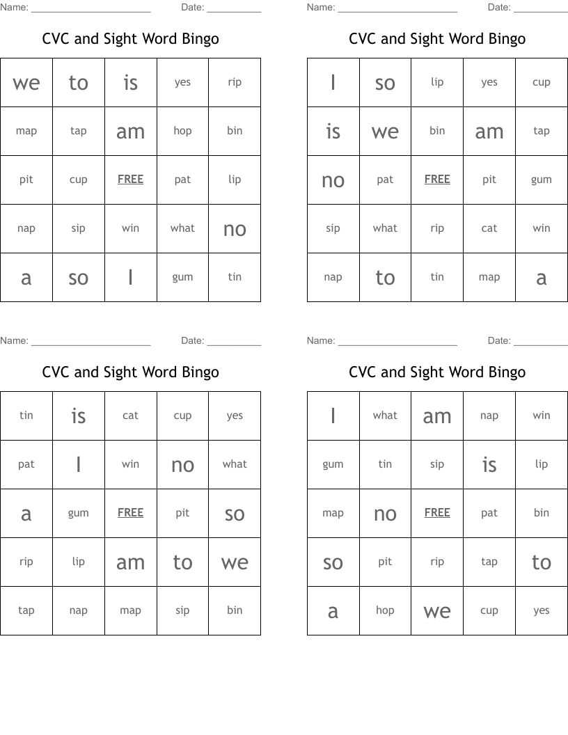 CVC and Sight Word Bingo