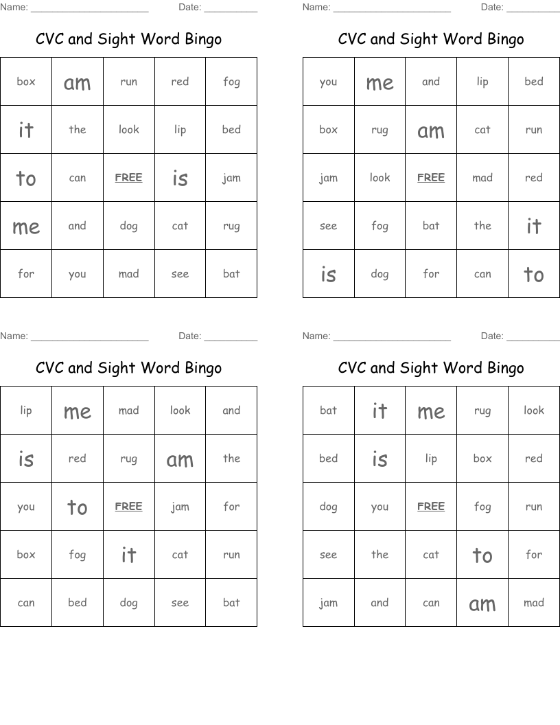 CVC and Sight Word Bingo