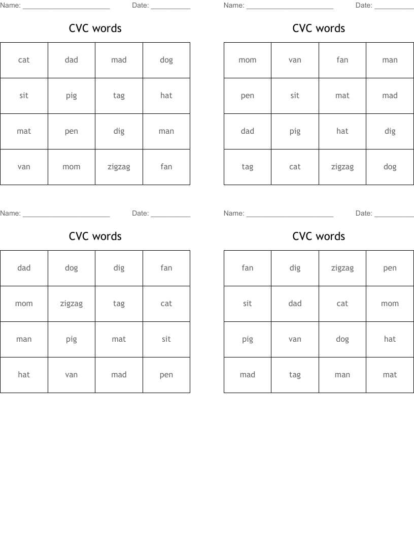 CVC words Bingo Cards