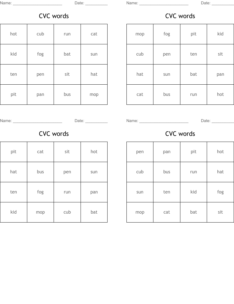CVC words Bingo Cards