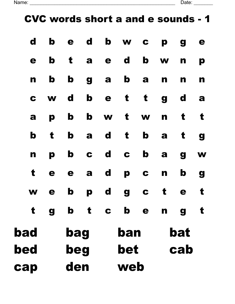 CVC words short a and e sounds - 1 Word Search