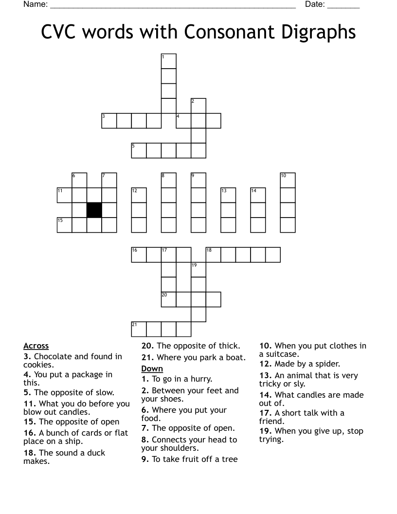 CVC words with Consonant Digraphs Crossword