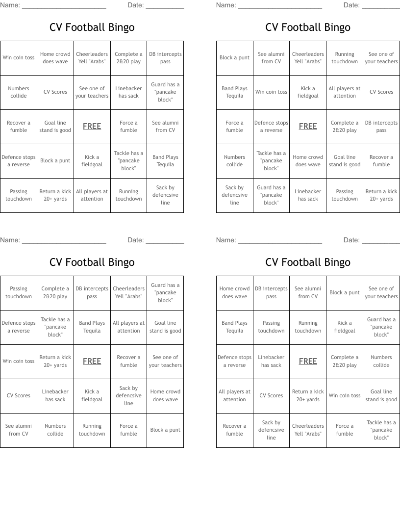 CV Football Bingo