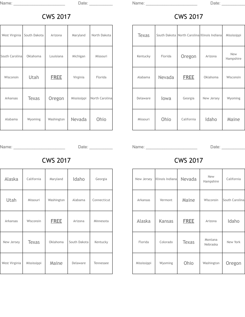 CWS 2017 Bingo Cards