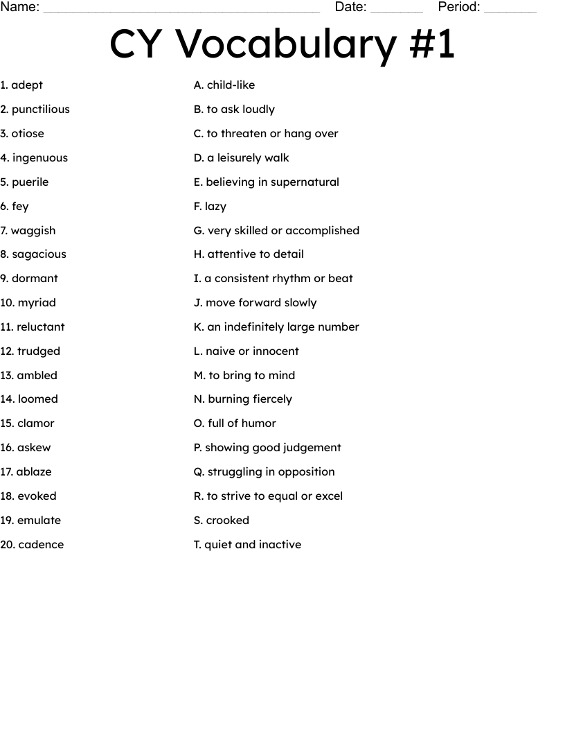 CY Vocabulary #1 Worksheet