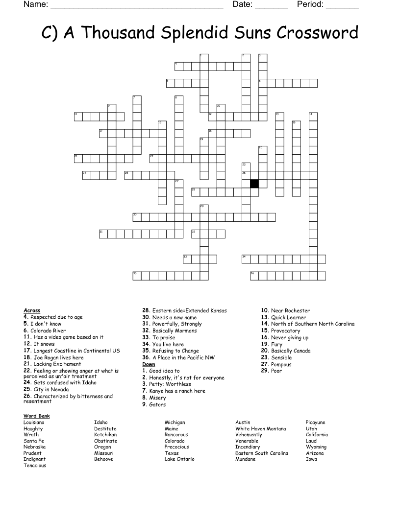 C) A Thousand Splendid Suns Crossword