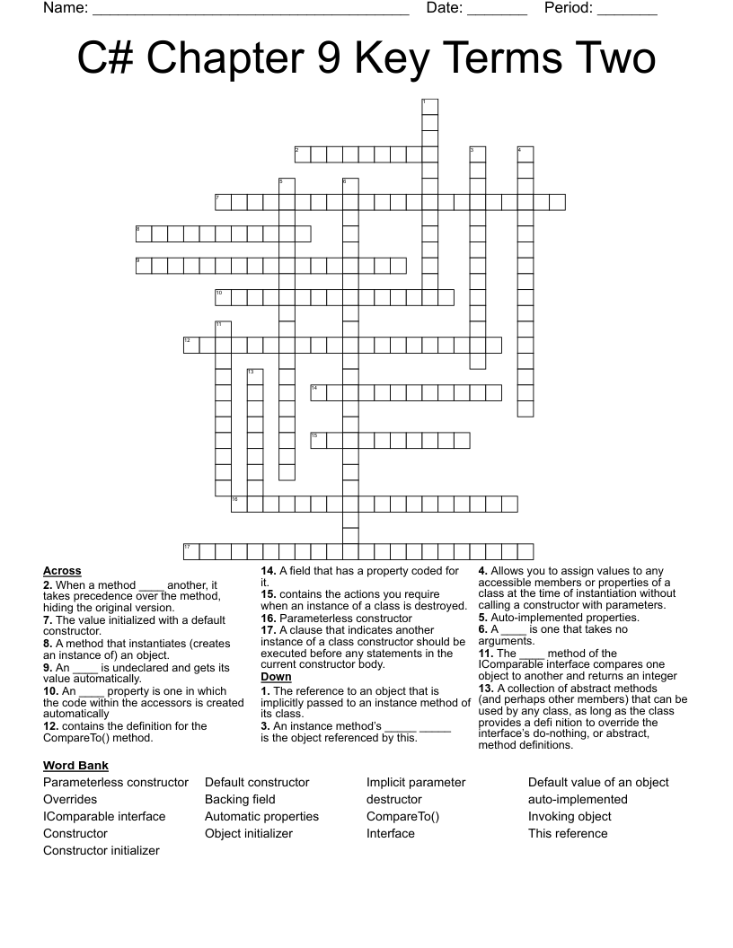 C# Chapter 9 Key Terms Two Crossword