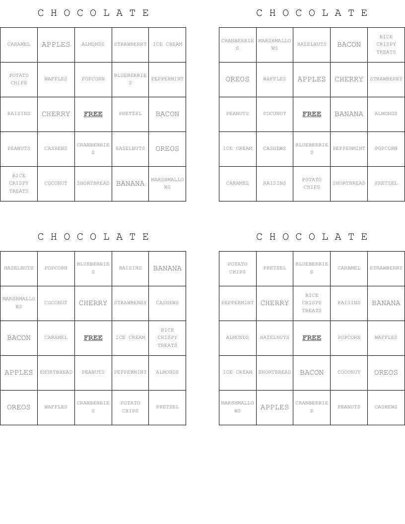 C H O C O L A T E Bingo Cards