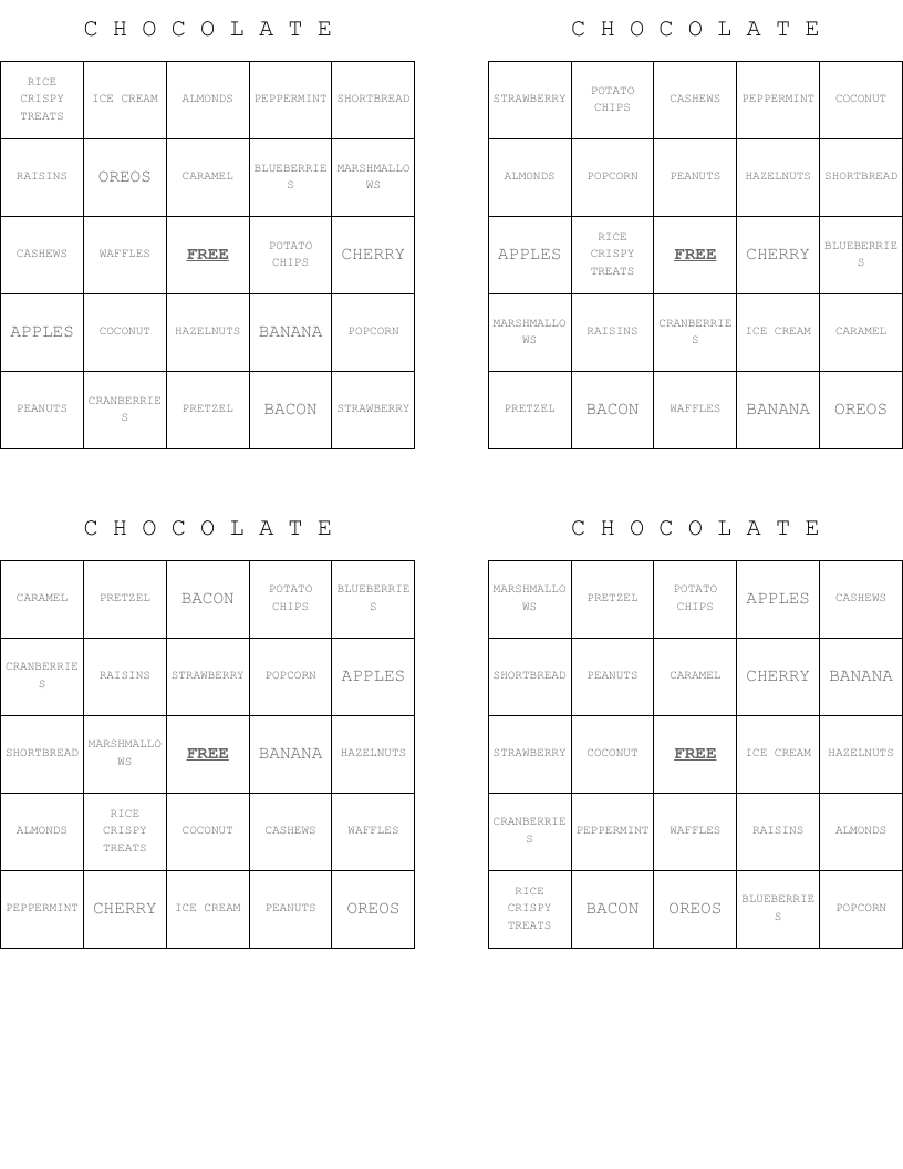 C H O C O L A T E Bingo Cards