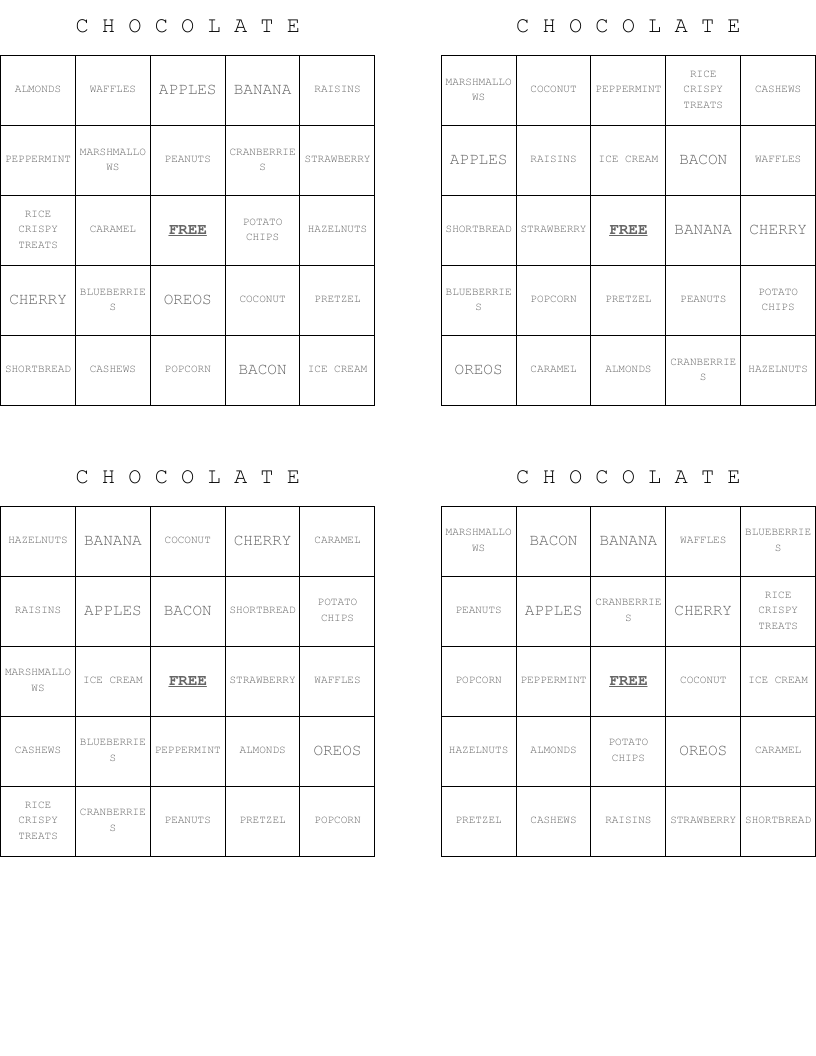 C H O C O L A T E Bingo Cards