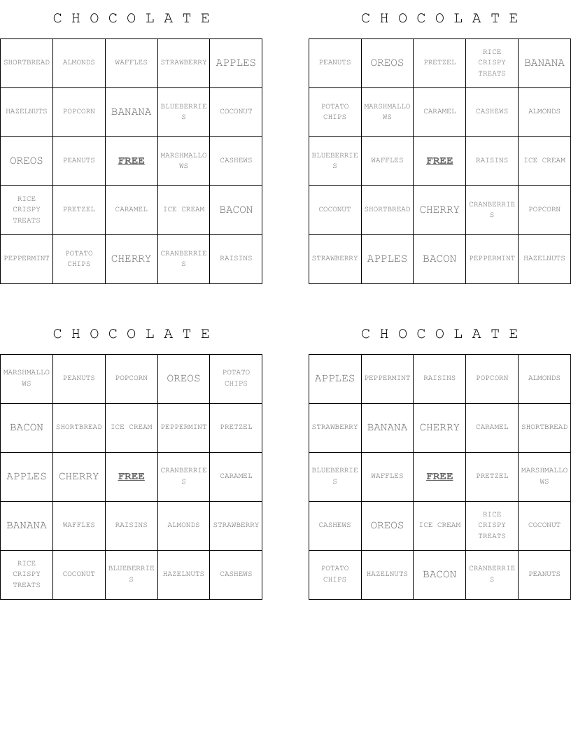 C H O C O L A T E Bingo Cards
