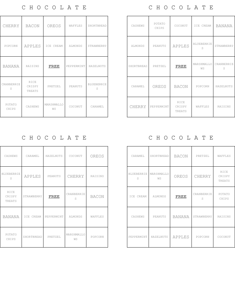 C H O C O L A T E Bingo Cards