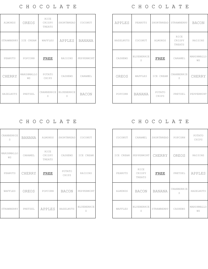 C H O C O L A T E Bingo Cards