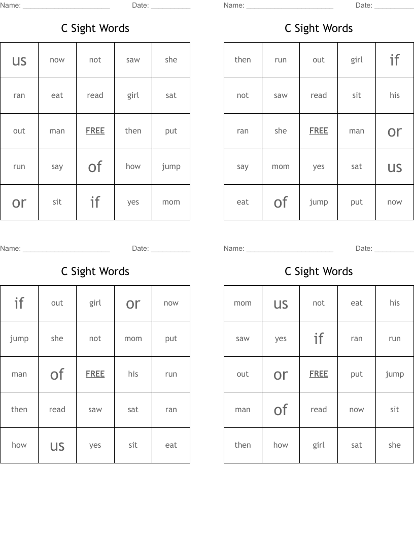 C Sight Words Bingo Cards