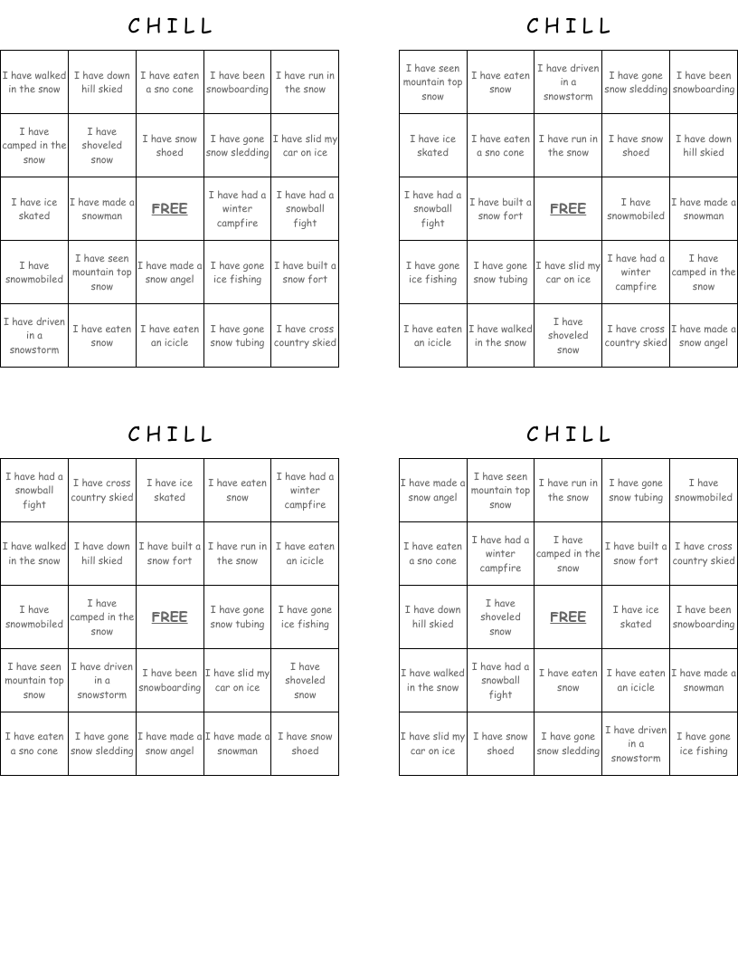C   H   I   L   L Bingo Cards