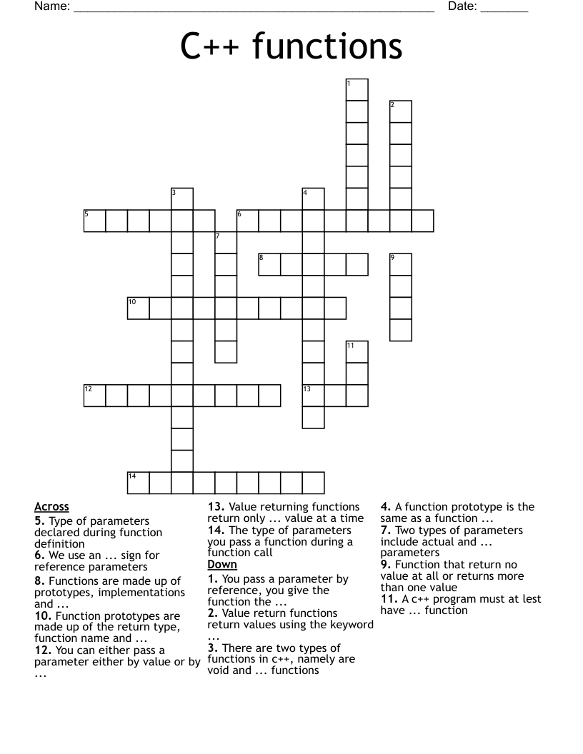 C++ functions Crossword