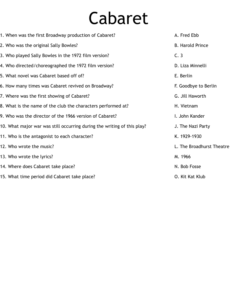 Cabaret Worksheet