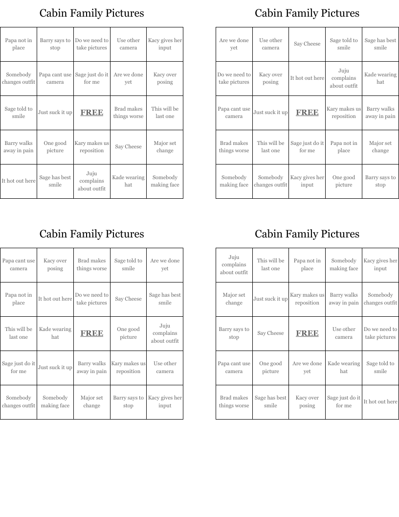Cabin Family Pictures Bingo Cards
