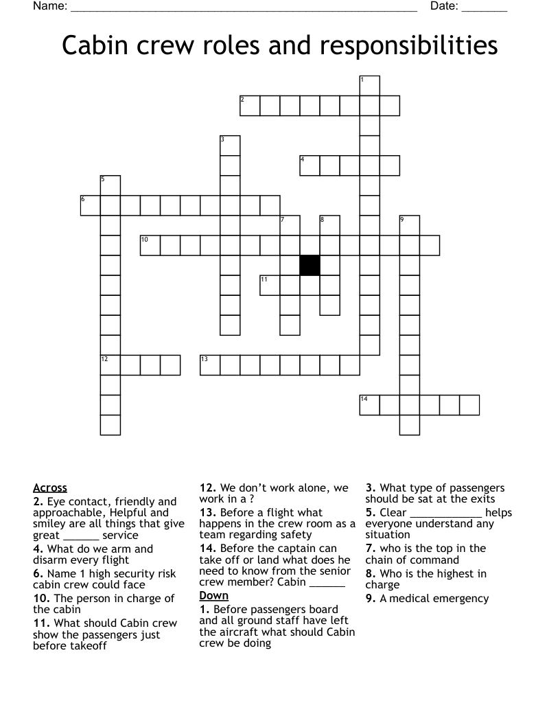 Cabin crew roles and responsibilities  Crossword