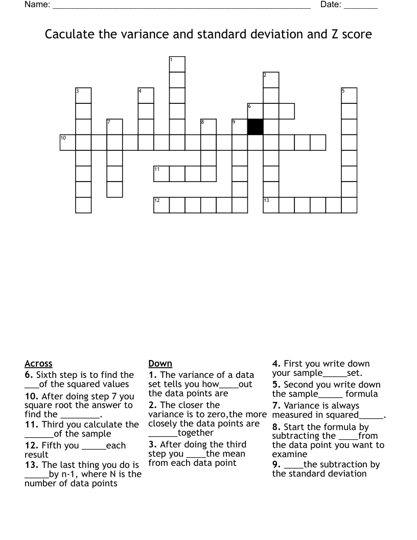 Caculate the variance and standard deviation  and Z score Crossword
