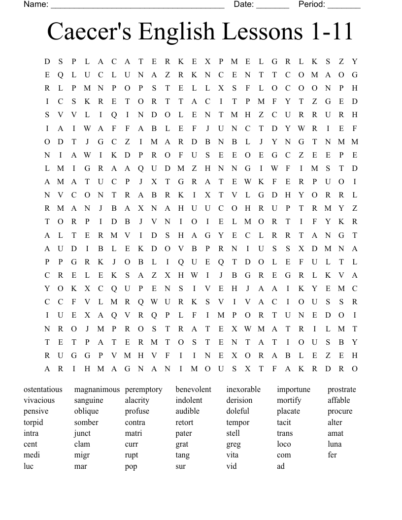 Caecer's English Lessons 1-11 Word Search