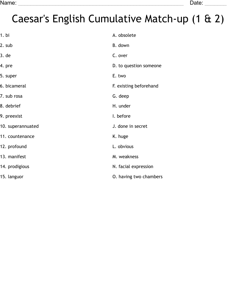 Caesar's English Cumulative Match-up (1 & 2) Worksheet
