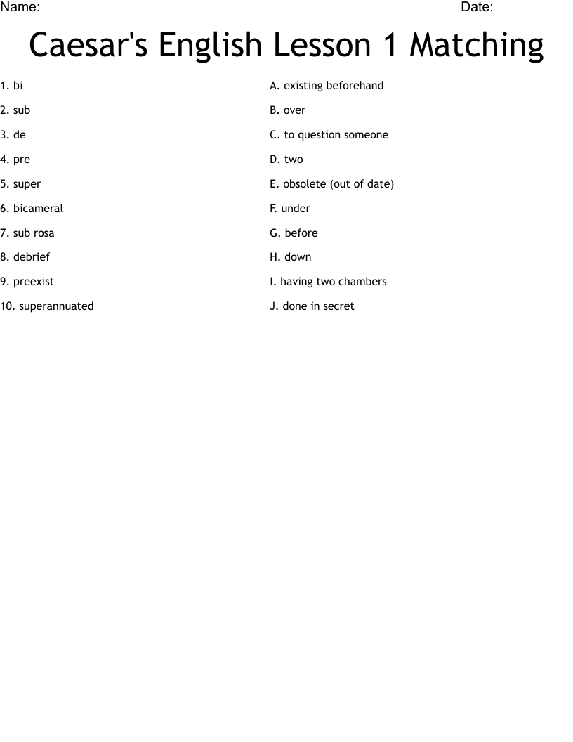Caesar's English Lesson 1 Matching Worksheet
