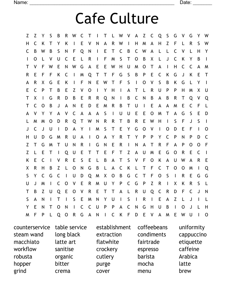 Cafe Culture Word Search