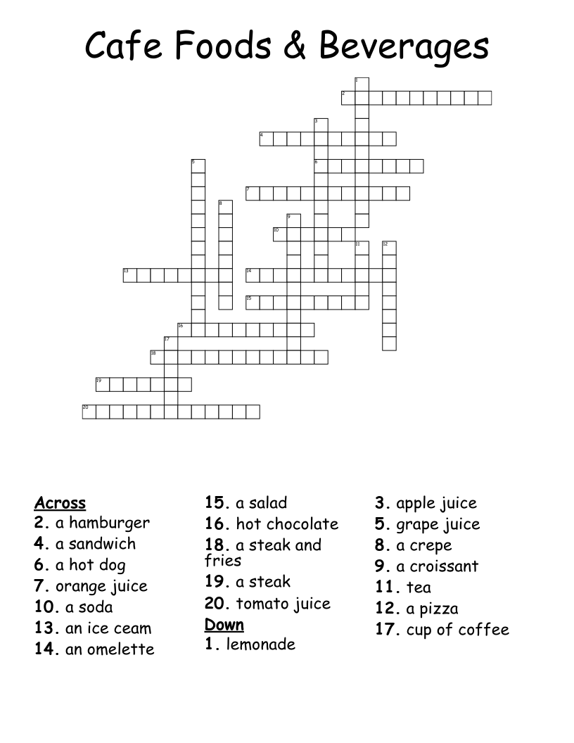 Cafe Foods & Beverages Crossword