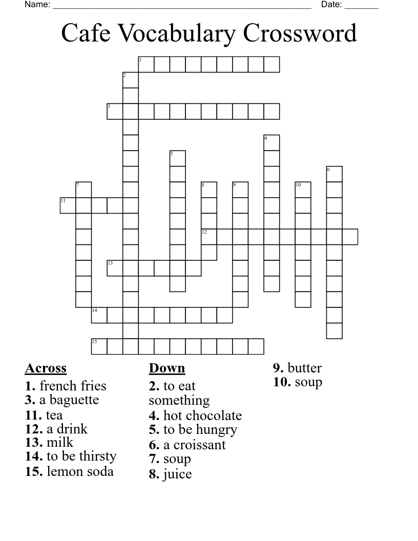 Cafe Vocabulary Crossword