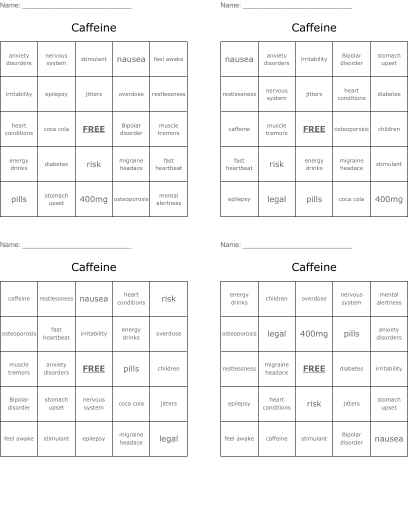 Caffeine Bingo Cards
