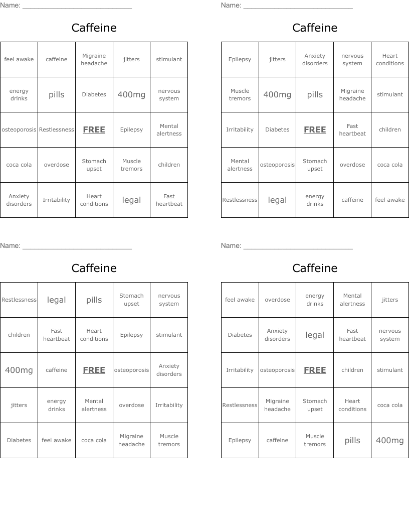 Caffeine  Bingo Cards