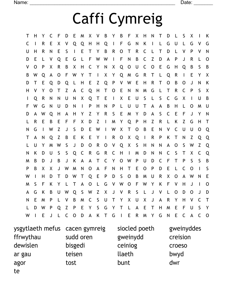 Caffi Cymreig Word Search