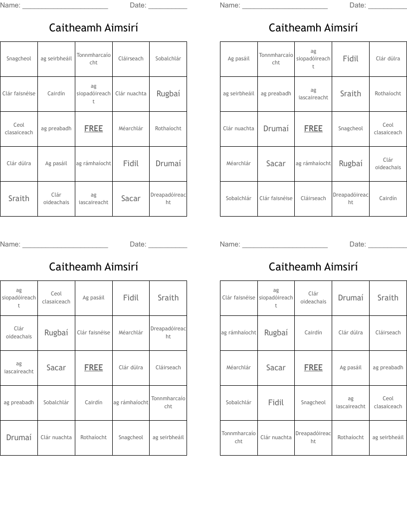 Caitheamh Aimsirí Bingo Cards