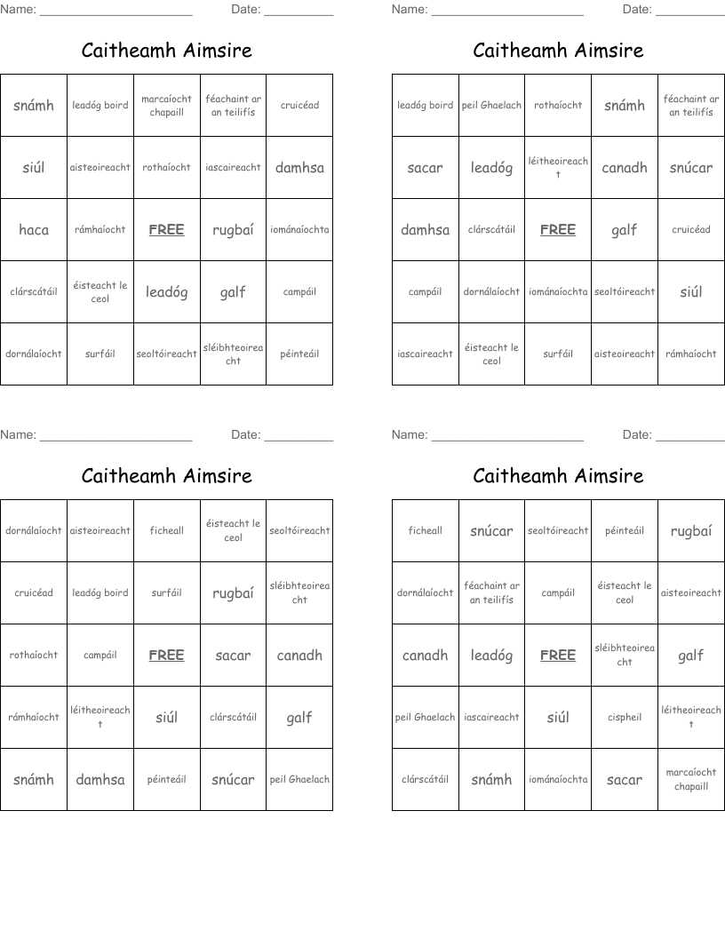 Caitheamh Aimsire Bingo Cards